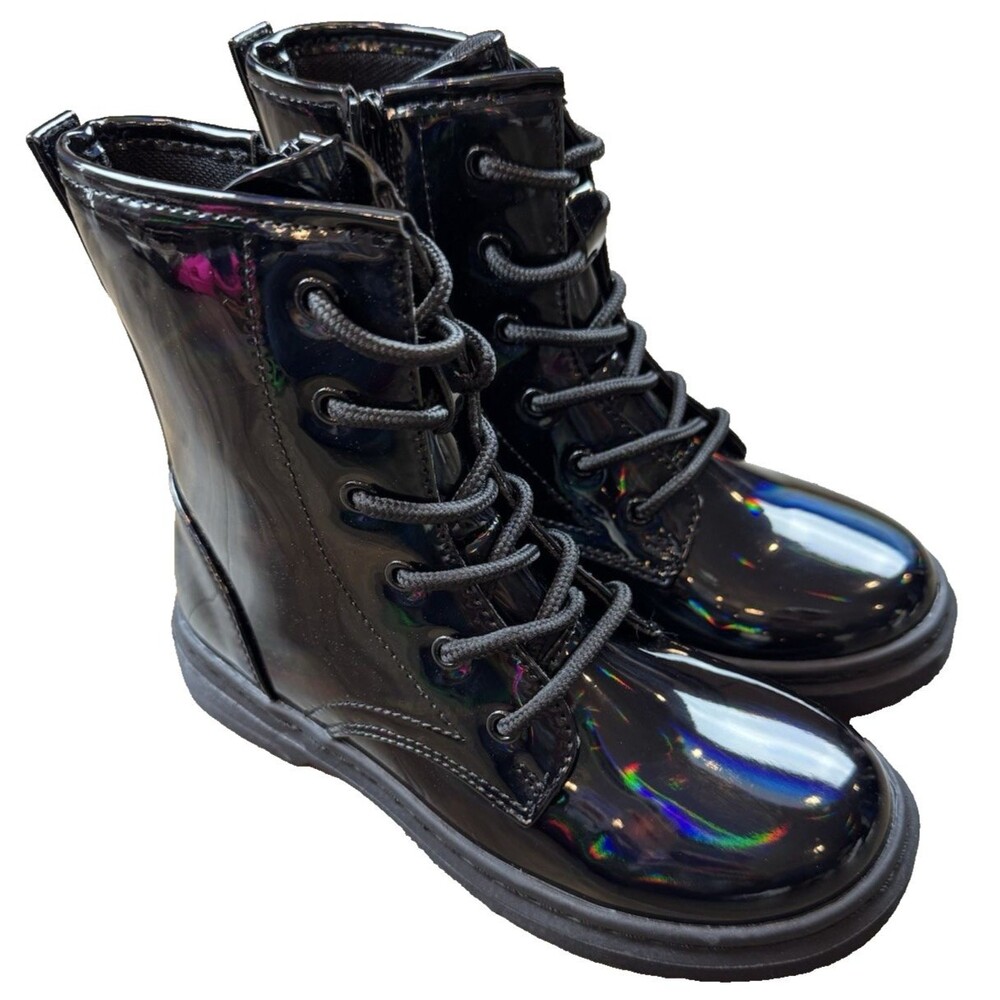 Shoeslocker  Girsl Ankle Boots with Side Zipper  & Lace Up Black Shiny SZ 1 NWT